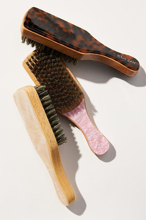 Enhance your on-the-go hairstyles with the Mini Boar Bristle Brush. Crafted with precision using high-quality natural boar bristles, this brush smoothly glides through your hair, aiding in the even distribution of your hair's natural oils. As a result, you'll enjoy a stunningly sleek and shiny finish with a strong, even hold that elevates your look. This brush is designed to meet the needs of all hair types, ensuring a flawless look every time. | Boar Bristle Mini Brush by Emi Jay in Pink, Women's at Anthropologie Hair Gel Brush, Bore Bristle Hair Brush, Emijay Hair Brush, Emi Jay Brush, Custom Hair Brush, Slick Back Brush, Aesthetic Hair Brush, Hair Brush Aesthetic, Amazon Must Haves 2024