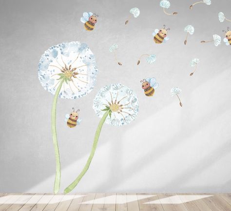 Dandelion Nursery, Watercolor Kids Room, Animal Wall Stickers, Fancy Furniture, Woodland Nursery Wall, Dandelion Wall Decal, Bee Decals, Decorating With Sticks, Woodland Nursery Wall Art