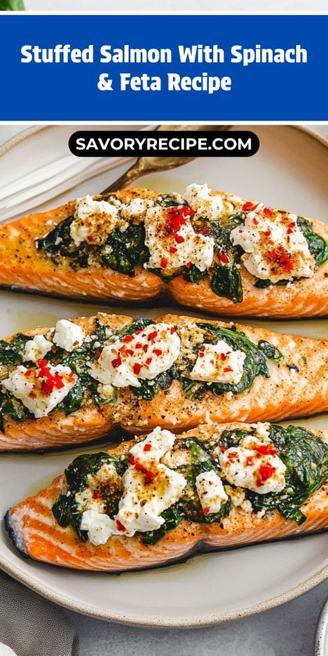 Searching for a show-stopping dish that embodies Mediterranean cuisine? Try our Stuffed Salmon with Spinach & Feta! This recipe combines wholesome ingredients for a meal that’s both delicious and healthy. Remember to save it for those nights when you want to create something truly special! Salmon With Feta And Tomato, Spinach Feta Salmon, Baked Feta Salmon, Salmon Stuffed Peppers, Mediterranean Salmon Recipes, Salmon With Feta, Salmon Spinach Recipes, Spinach Stuffed Salmon, Stuffed Salmon Recipe