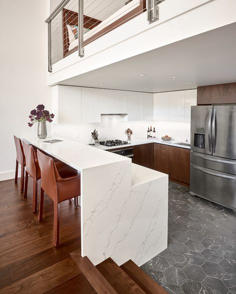 Russ Street Kitchen & Bath - Contemporary - Kitchen - San Francisco - by De Meza + Architecture | Houzz Step Down Kitchen, Sunken Kitchen, Split Kitchen, Waterfall Counter, Kitchen Dinner, Cabinetry Design, Kitchen Photos, Beautiful Interiors, Contemporary Kitchen