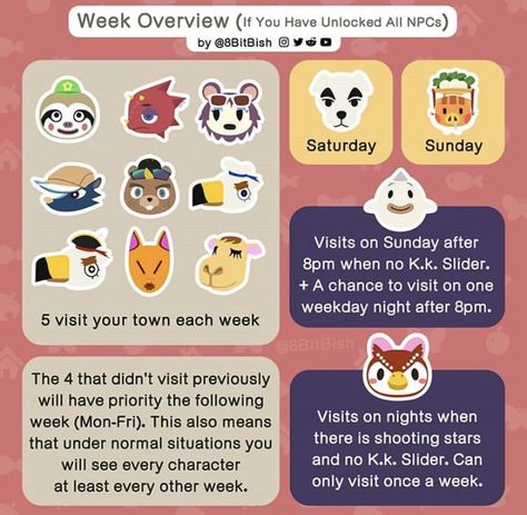 Acnh Npc Schedule, Week Overview, Acnh Guide, Acnh Tips, Animal Crossing Tips, Tom Nook, Animal Crossing Memes, Animal Crossing Funny, Animal Crossing Guide