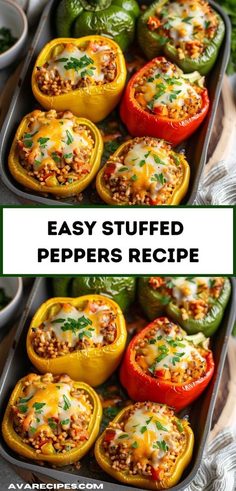 "Looking for delicious ground beef recipes? Try this Stuffed Peppers recipe, perfect for dinner. This easy ground beef recipe combines savory beef and rice in flavorful stuffed peppers. Best Stuffed Pepper Recipe, Easy Stuffed Pepper Recipe, Stuffed Peppers With Rice, Easy Stuffed Peppers, Ground Beef Recipe, Stuffed Peppers Recipe, Recipe For Dinner, Easy Ground Beef, Beef Casserole Recipes