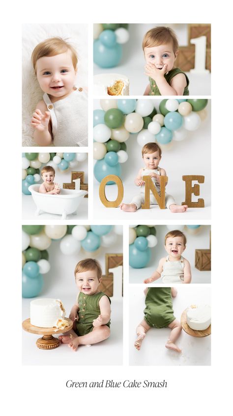 Green, blue and neutral balloon garland with ONE letters to celebrate baby boy's first birthday! Smash Cake Boy Photoshoot, Neutral Balloon Garland, Sunshine Birthday Theme, Birthday Photoshoot Ideas Boys, Cake Minimalist, Baby Boy Birthday Themes, Bday Pics, Cake Photoshoot, Birthday Lights