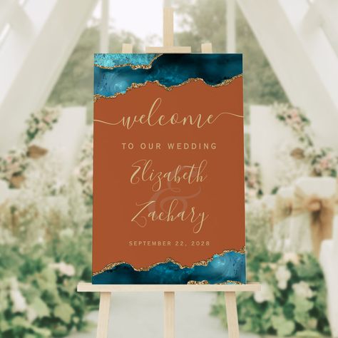 Dark Teal Weddings, Elegant Wedding Welcome Sign, Teal Wedding Colors, Orange Wedding Themes, Teal Wedding Invitations, Geode Wedding, Western Themed Wedding, Burnt Orange Weddings, Handwriting Script