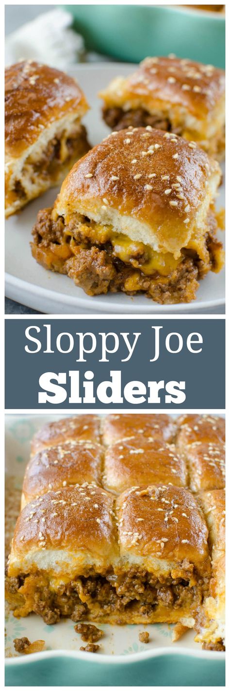 Sloppy Joe Sliders - an easy way to serve sloppy joes to a crowd! Sloppy joe meat and cheese on Hawaiian rolls and covered in the most delicious glaze. Great for a weeknight dinner, a party, or tailgating! Sloppy Joe Sliders Hawaiian Rolls, Sliders Hawaiian Rolls, Sloppy Joe Sliders, Sliders Recipes Hawaiian Rolls, Sloppy Joes Sliders, Hawaiian Roll Sliders, Wraps Recipes, Homemade Sloppy Joes, Sloppy Joes Recipe