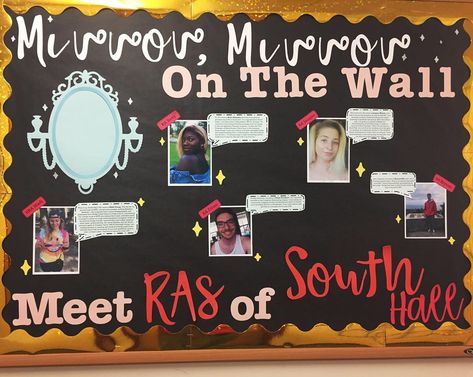 Mirror Mirror On The Wall Meet the Staff bulletin board #reslife #bulletinboard #bulletinboardideas #cricut #residentassistant #easy Mirror Mirror On The Wall Bulletin Board, Meet The Staff Board Ideas, Meet Your Ras Bulletin Board, Meet The Staff Wall, Meet The Staff Board, Meet The Staff Bulletin Board Ideas, Meet The Ra Bulletin Board, Meet Our Staff Bulletin Board Ideas, Meet The Team Bulletin Board