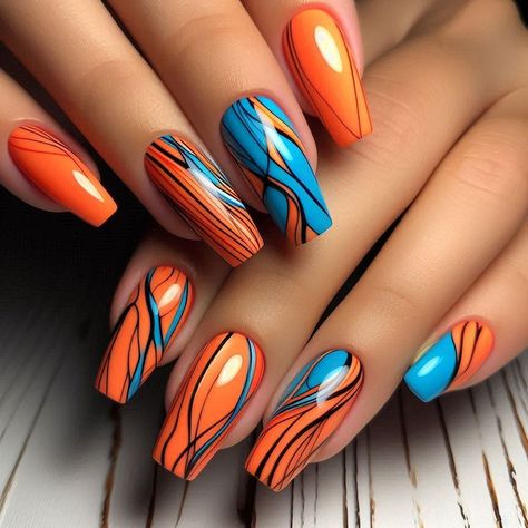 Blue Orange Nail Art, Orange Color Nail Designs, Sunrise Nail Art, Navy And Orange Nails, Saved Nails, Orange And Blue Nails, Brown Fall Nails, Nail Art Fall, Orange Nail Art