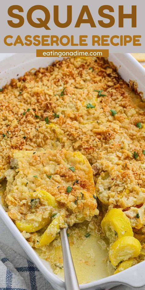 This Amazing Squash Casserole is a delicious side dish that is perfect for all your holiday dinners. Slice squash is baked in a creamy sauce for a family favorite side. Squash Casserole is the perfect side dish to prepare all year long. The slice squash bakes tender in a creamy sauce and a crunchy topping. You will be amazed how delicious this casserole side dish is! #eatingonadime #squashcasserole #easyrecipe Squash Casserole With Meat, Boiled Squash Recipes, Simple Squash Casserole, Baked Squash Casserole, Squash Casserole With Jiffy Cornbread, Easy Squash Casserole Simple, Yellow Squash Recipes Casserole, Squash Casserole Gluten Free, Recipe For Squash Casserole