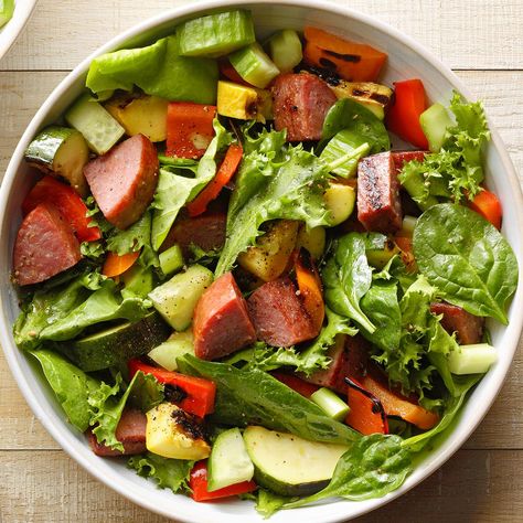 Grilled Summer Sausage Salad Sausage Salad Recipe, Grilled Romaine Lettuce, Sausage Salad, Celery Recipes, Spring Mix Salad, Grilled Romaine, Summer Sausage, Mushroom Salad, Grilled Sausage