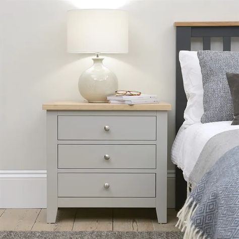 Wide Bedside Table, Cotswold Company, Beautiful Bedside Tables, Grey Bedroom Furniture, 3 Drawer Bedside Table, Oak Bedside Tables, Grey Bedding, Oak Furniture, Main Bedroom