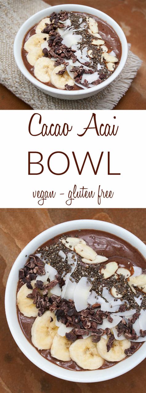 Cacao Acai Bowl - Dessert for breakfast, yes please! Actually this vegan smoothie bowl is very healthy, but you will feel like you are eating an indulgent dessert! Loaded Bowls, Vegan Acai Bowl, Branch Ideas, Acai Recipes, Smoothie Bowl Vegan, Breakfast Vegetarian, Chocolate Smoothie Bowl, Smoothies Vegan, Açaí Bowls