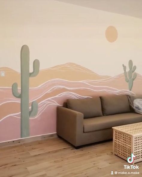 Western Wall Murals Paintings, Desert Mountain Mural, Desert Mural Nursery, Backyard Fence Mural, Southwestern Mural, Nursery Mural Ideas Painted, Southwest Mural, Desert Nursery Theme, Cowboy Mural