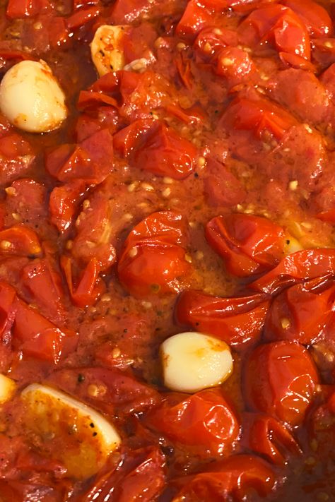 Tomato Garlic Confit Pasta, Tomato Garlic Confit, Tomato Garlic Sauce, Tomato Confit, Whats Gaby Cooking, Cherry Tomato Sauce, Decadent Food, Basil Sauce, Garlic Cheese