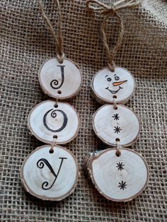 Christmas DIY: Stacked snowman and Stacked snowman and stacked JOY wood burned Christmas ornaments. Price is for each ornament. Choose SNOWMAN or JOY at checkout. These ornaments are made out of white birch wood slices. I go for a walk in the woods and find fallen limbs that I like the looks of and take them back to the wood shop. I use a chop saw to cut the discs of wood and a belt sander to smooth them out. I draw a picture on the wood disc with pencil and then wood burn the ornament. To finis Diy Snowman Ornaments, Christmas Crafts To Sell, Rustic Ornaments, Snowman Faces, Christmas Wood Crafts, Wood Christmas Ornaments, Christmas Ornaments Homemade, Woodworking Project, Snowman Ornaments