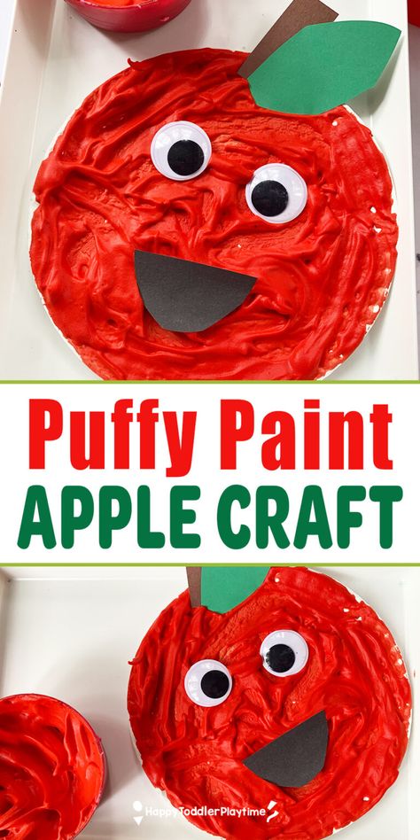 Easy Apple Preschool Craft, Puffy Paint Apple Craft, September Ideas For Toddlers, Apple Theme Crafts For Toddlers, Apple Themed Crafts For Infants, Puffy Paint Caramel Apple Craft, Apple Craft Ideas For Toddlers, Apple Art Toddlers, Pre K Apple Art