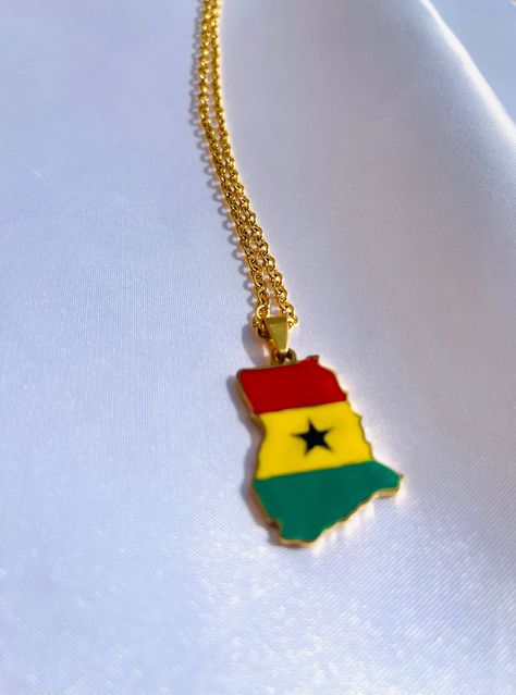 The 18k Gold Plated Ghana Map and Flag Necklace is 2.5cm x 3.8cm the length of the chain is 50cm / 20in. Flags In Bedroom, Ghana Necklace, Ghana Jewelry, Y2k Pics, Ghana Map, Culture Appreciation, Ghana Culture, Ghana Flag, Luxe Jewelry