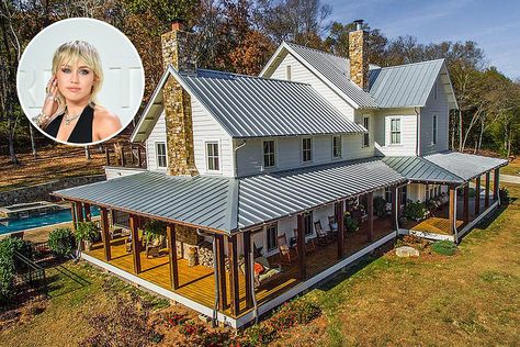 Miley Cyrus Sells Massive Nashville Farmhouse for $14.5 Million Nashville Farmhouse, Miley Cyrus House, Farmhouse Estate, Montana House, Montana Ranch, Stone Chimney, Real Estate Site, Farm Photo, Rustic Stone