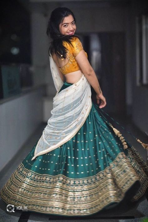 Rashmika Mandanna Photo Gallery Half Saree Photo Poses, Saree Ceremony, Simple Saree Designs, Long Anarkali, Half Saree Lehenga, Indian Kurti, Sisters Photoshoot, Rashmika Mandanna, Saree Poses