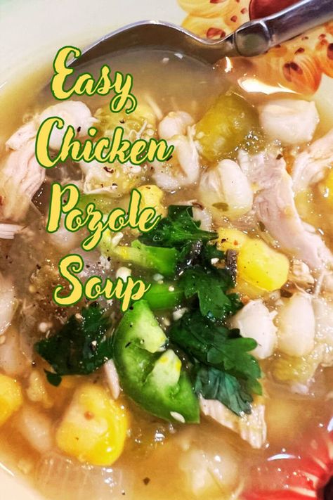 Easy Chicken Pozole Soup has all of the flavors of a salsa verde enchilada with tomatillas, chicken and hominy! Delicious! Easy Posole Recipe Chicken, Pazole Soup Chicken Easy, Easy Posole Recipe, Posole Recipe Chicken, Pozole Soup, Hominy Soup, Mexican Soups, Menudo Recipe, Chicken Pozole