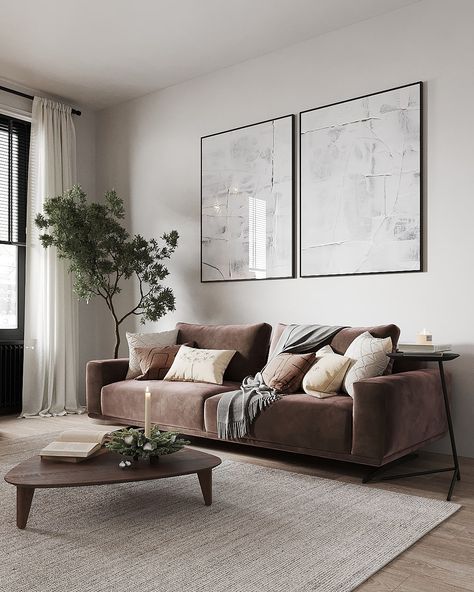 Dark Brown Sofa Living Room, Dark Brown Couch Living Room, Brown Sofa Living Room, Brown Living Room Decor, Luxury Sofa Living Room, Brown Couch Living Room, Colourful Living Room Decor, Small Apartment Interior, Brown Couch