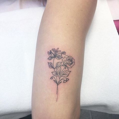 Honeysuckle And Rose Tattoo, Rose And Honeysuckle Tattoo, Honeysuckle And Rose, Tattoo Birth Month, Rose And Honeysuckle, Honeysuckle Tattoo, Flower Bouquet Tattoo, Tattoo Filler, Bouquet Tattoo