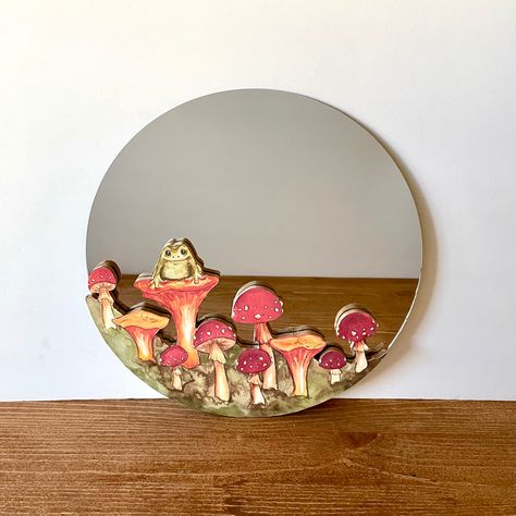 Mirror Watercolor, Mushroom Mirror, Frog Mirror, Orange Circle, Cottage Core Decor, Art Cottage, Mirror Painting, Butterfly Wall Art, Hanging Photos