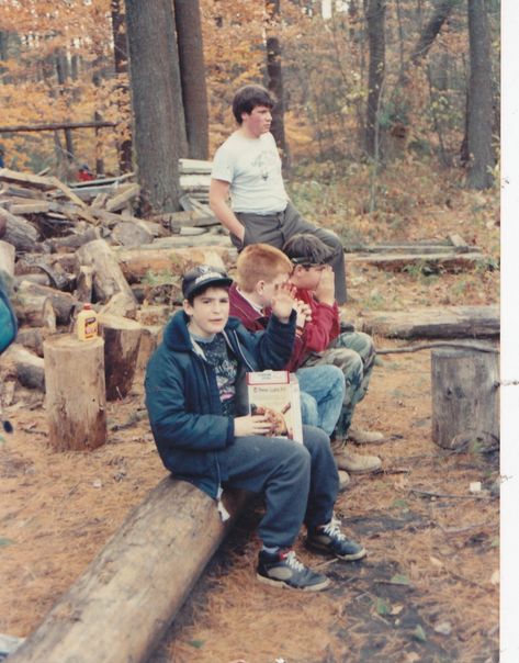 Camping at Valley Pines, USA, 1990s. Camp fire. 90s Summer Camp Aesthetic, 90s Camping Aesthetic, Vintage Camping Aesthetic, 70s Summer Camp, 80s Camping, Camp Photoshoot, 1990s Life, 90s Camp, Boy Childhood