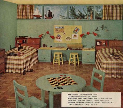 1956 bedroom - Sherwin Williams Paint brochure -- thanks, Callie! Retro Decorating, 1950s Home Decor, Retro Rooms, Mid Century Modern Room, 1950s Furniture, Vintage Kids Room, 1950s Decor, Kitschy Decor, Vintage Bedroom Decor