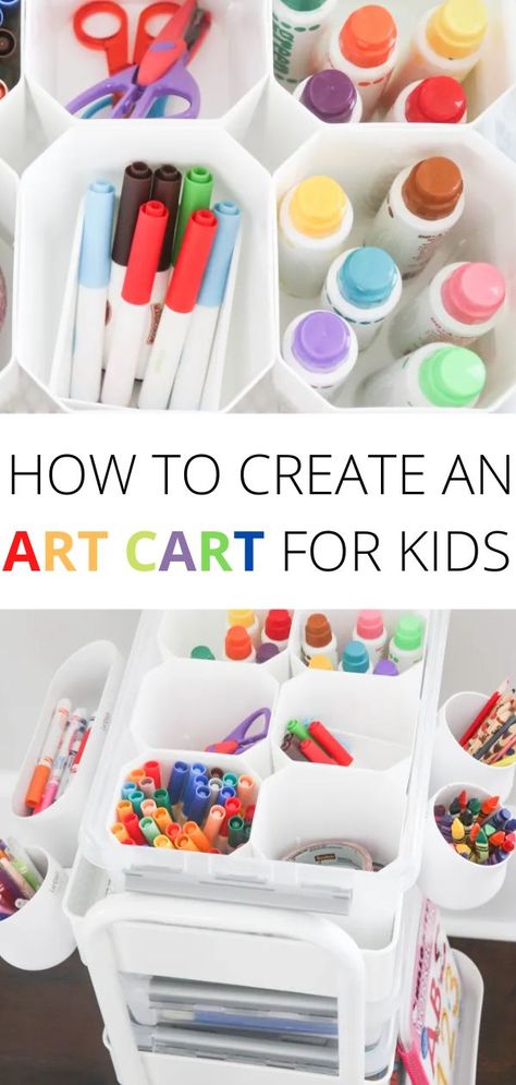 Organize all those supplies with this easy DIY art cart for kids! Here we show you how to take your kids craft supplies and put them all in one goto spot. Read here and discover how easy it is to create an adorable art cart for your toddlers or kids at Home of Malones. Diy Art Cart, Art Cart For Kids, Toddler Art Supplies, Art Supplies List, Toddler Organization, Kids Organization, Craft Cart, Kids Craft Supplies, Art Supply Organization