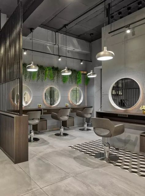 Gray Salon Ideas Interior Design, Hair Salon Industrial, Aesthetic Hairdresser Salon, High End Hair Salon Design, Sage Green Salon Aesthetic, Industrial Beauty Salon, Hairdresser Aesthetic Salon, Grey Hair Salon, Hair Salon Exterior