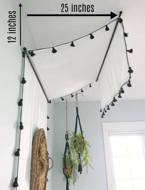 DIY Bed Canopy Tutorial - The Lilypad Cottage Over Bed Canopy Diy, Diy Daybed Canopy, Canopy Over Head Of Bed, Easy Bed Canopy Diy, Canopy Bed Ideas For Adults Farmhouse, Bedroom Canopy Ideas Diy, Wall Canopy Over Bed Diy, Vines Over Bed Canopy, Half Bed Canopy