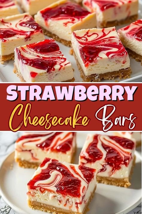 Dessert doesn't get better than these easy strawberry cheesecake bars. They're everything you love in the classic dish, only served in convenient squares. Strawberry Swirl Cheesecake Bars, Cheesecake Bars Strawberry, Cheesecake Cups Individual, Baking Recipes Summer, Cheesecake Bars 9x13, Fruity Dessert Recipes, Best Dessert Bars, Cheesecake Bars Recipes, Easy Cheesecake Bars