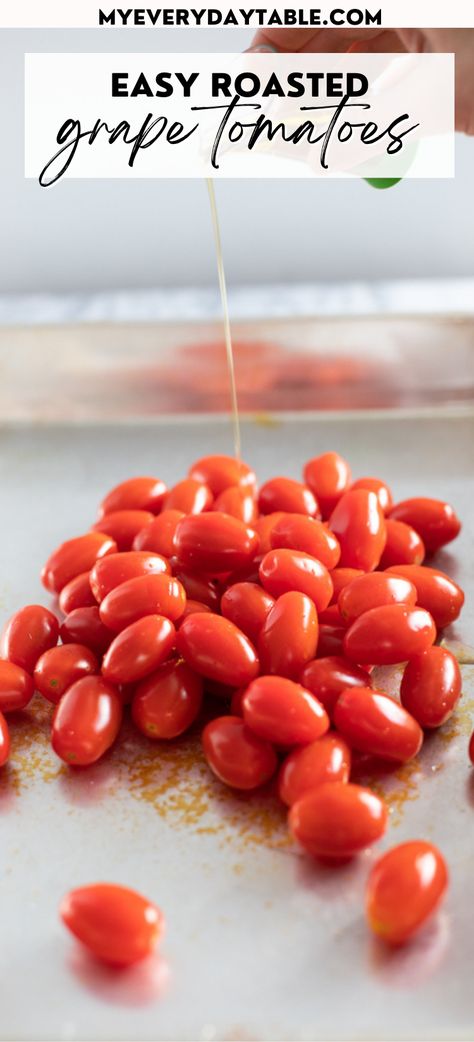 ROASTED GRAPE TOMATOES | MY EVERYDAY TABLE | Whether you're roasting grape tomatoes for preserving them or because you just think they might make winter tomatoes taste better, both are true. This oven roasted grape tomatoes recipe takes just a few minutes to prep and are made with pantry staples. Click through for plenty ideas on how to use them - for pasta and more. Oven Roasted Grape Tomatoes, Recipes With Grape Tomatoes, Grape Tomatoes Recipes, Grape Tomato Recipes, Roasted Grape Tomatoes, Preserving Tomatoes, Cherry Tomato Recipes, Tomato Dishes, Tomatoes Recipe