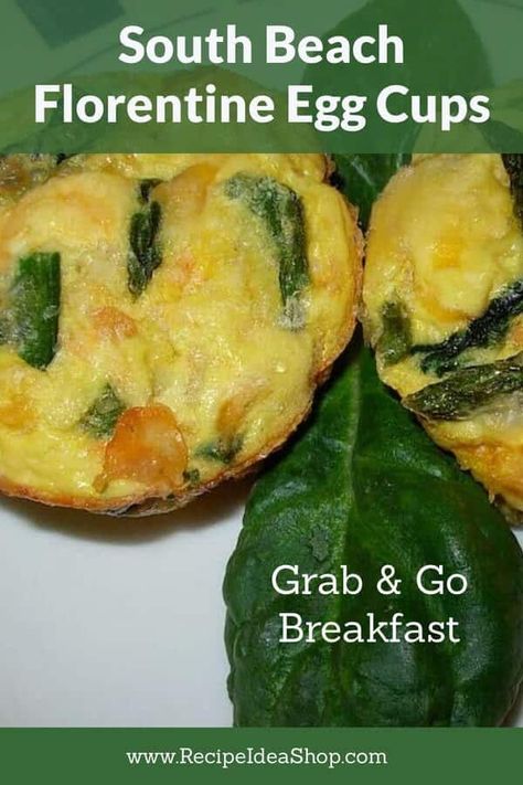 South Beach Florentine Egg Cups. Easy take with you breakfast. #southbeacheggcups #southbeachflorentineeggcups #eggcups #southbeachrecipes #glutenfree #recipes #eggrecipes #breakfastrecipes #recipeideashop Spinach Egg Cups, South Beach Breakfast, Egg Cups Recipe, South Beach Diet Recipes, Egg Bites Recipe, Spinach Egg, South Beach Diet, No Carb Recipes, Beach Meals