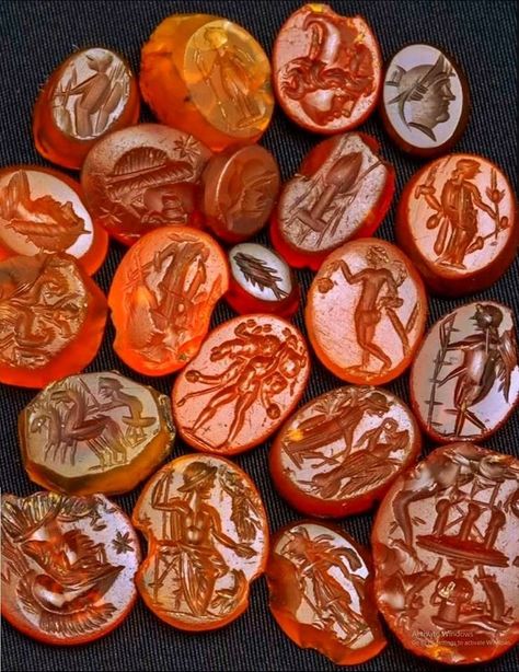 Beautiful Roman gemstone cameos, carved probably of carnelian semi-precious stone with engraved portraits and representations of Roman deities, 2nd-3rd century AD, found in ancient Singidunum, present-day Belgrade, capital of Serbia. Collection of Belgrade City Museum. Roman Deities, Roman Rings, Intaglio Jewelry, Ancient Roman Jewelry, Roman Artifacts, Ancient Jewels, Roman Jewelry, Ancient Jewellery, Rome Antique