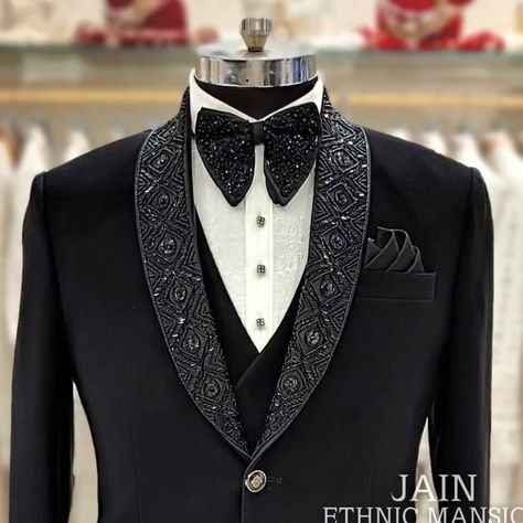 Embroidery Suits Design Men Black, Embroidery Coat Pant For Men, Best Wedding Suits For Men Mens Fashion, Designer Black Tuxedo, Embroidery Suits Design Men, Lapel Embroidery, Indo Western Outfits For Men, Best Wedding Suits For Men, Reception Suits