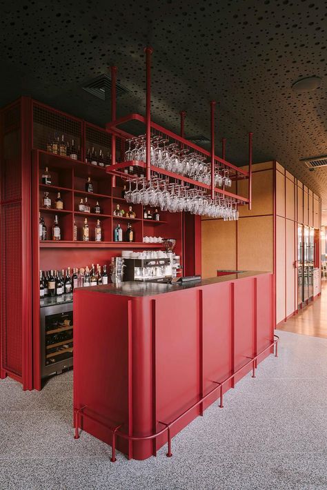 Small Bar Areas, Bar Restaurant Design, Architecture Restaurant, Design Café, Small Bars, Glass Building, Red Bar, Elegant Chair, Banquette Seating