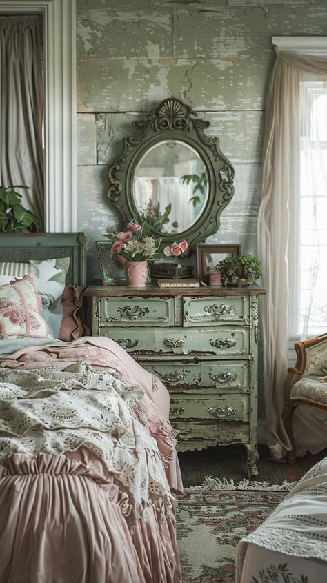 15 Chic Sage Green And Pink Bedroom Inspirations - Planted Shack Green Cottage Bedroom, Sage Green And Pink Bedroom, Irish Bedroom, Pink Bedroom Inspirations, Green And Pink Bedroom, Forest Bedroom Ideas, Pink And Green Bedroom, Washed Furniture, Sage Green Furniture