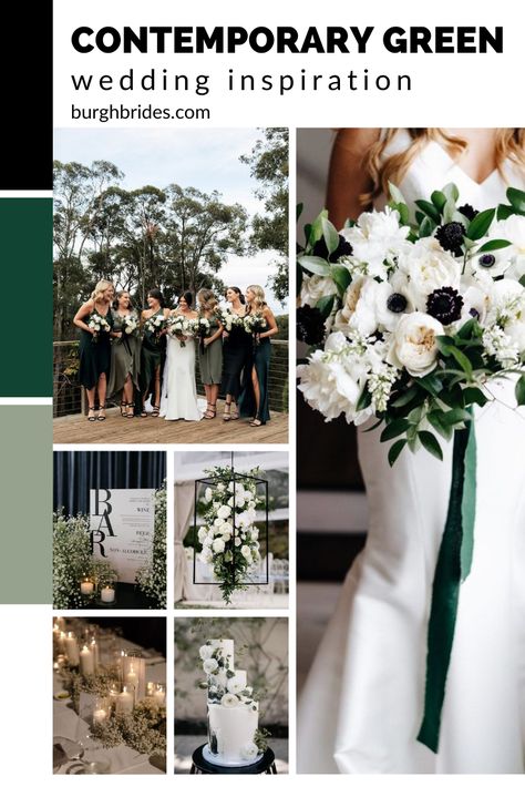 Green Black White Gray Wedding Decorations, Black And White Wedding With Green Accents, Black White Green Wedding Theme, Emerald Black White Wedding, Green White Gold Black Wedding Color Palettes, Wedding Black And Green, Dark Green And White Wedding Theme, Winter Wedding Aesthetic Green, Black White Gold Green Wedding