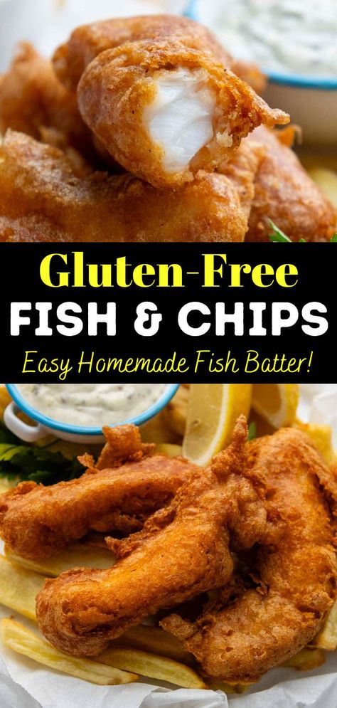 If you miss crispy beer-battered fish and chips due to a gluten-free diet, this easy recipe will be a game-changer! The gluten-free fish batter uses fizzy soda water or GF beer to achieve an ultra light, airy coating. White fish is dredged in a mixture of gluten-free all purpose flour and rice flour, fried until crisp and golden for a gluten-free fried fish just as tasty as the classic pub food! Seafood Recipes Gluten Free, Cod Recipes Gluten Free, Gluten Free Gourmet Recipes, Gluten Free Seafood Recipes, Sourdough Fish Batter, Gluten Free Filipino Recipes, Gluten Free Pescatarian Recipes, Almond Flour Batter For Frying, Gluten Free Fry Batter