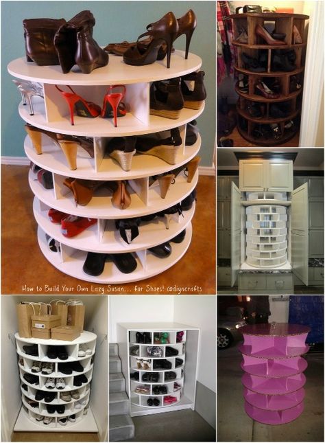 How to Build Your Own Lazy Susan… for Shoes! Lazy Susan Shoe Rack, Shoe Shelf Diy, Diy Kast, Spinning Shoe Rack, Shoe Storage Hacks, Shoe Storage Design, Shoe Organization Diy, Diy Lazy Susan, Diy Shoe Storage