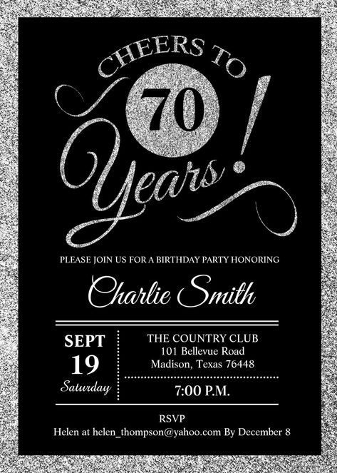 70th birthday party invitation for women or men. Elegant invite card in faux glitter silver and black. Features typography script font. Cheers to 70 years! Perfect for a stylish adult birthday celebration. Pirate Birthday Invitations, 30th Birthday Party Invitations, 40th Birthday Party Invites, 70th Birthday Invitations, 80th Birthday Invitations, Green Invitations, Silver Invitation, Invite Card, 60th Birthday Invitations