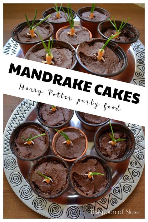 Chocolate Mandrake Cakes for a halloween Harry Potter party! Harry Potter Party Food, Harry Potter Feast, Harry Potter Motto Party, Baby Harry Potter, Harry Potter Treats, Harry Potter Desserts, Gateau Harry Potter, Harry Potter Snacks, Harry Potter Parties Food