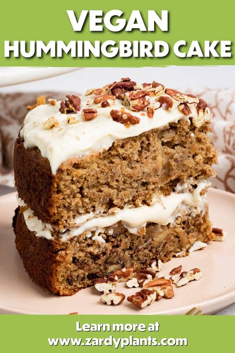 Sweet, fruity, and fluffy, this Vegan Hummingbird Cake is delicious and easy to make. Everyone will beg for another slice of this tender cake. Vegan Hummingbird Cake, Vegan Sweets Recipes, Vegan Mug Cakes, Hummingbird Cake Recipes, Bird Cake, Easy Vegan Dessert, Hummingbird Cake, Vegan Chocolate Cake, Bird Cakes