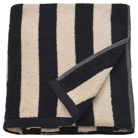 SLÅNHÖSTMAL bath sheet, black/light beige stripe, 39x59 ". We love stripes! The iconic pattern is simple, yet bold and gives your bathroom a lift. Medium-thick (374 g/m²) SLÅNHÖSTMAL towel in 100% cotton, is absorbent and a perfect choice for an easy refresh. 100 % cotton. Dorm Furniture, Dorm Organization, Outdoor Kitchen Appliances, Kids Flooring, Outdoor Bedroom, Dorm Room Organization, Ikea Family, Bath Sheets, Dorm Bedding