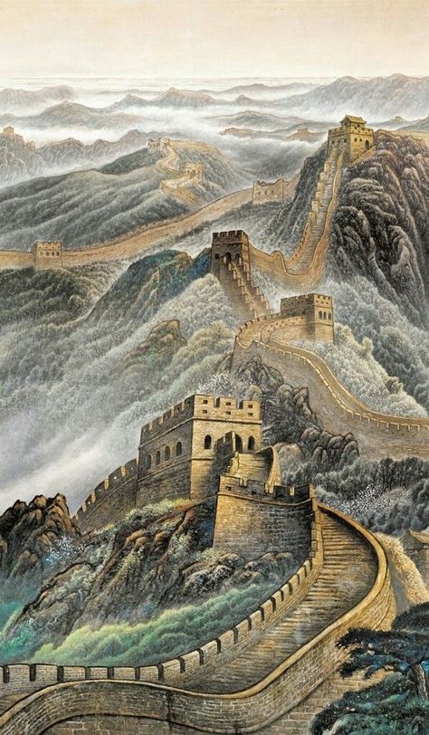 The Great Chinese Wall, Great Wall Of China Tattoo, Great Wall Of China Painting, Great Wall Of China Wallpaper, Great Wall Of China Drawing, China Wallpaper, China Landscape, Chinese Folk Art, Chinese Wall