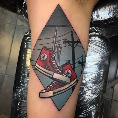 16k Likes, 90 Comments - TattooSnob (@tattoosnob) on Instagram: “Hanging Converse by @_planetkurth_ at @electric_chair_tattoo in Clio, Michigan. #converse #sneakers…” Hanging Converse, Converse Tattoo, All Star Tattoo, Geek Tattoos, Shoe Tattoos, Tattoo Test, Octopus Tattoos, Marvel Tattoos, Octopus Tattoo