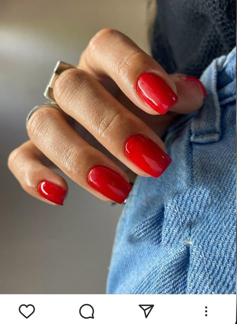 Bright Red Nails Short, Squoval Red Nails, Red Summer Nails 2024, Red Squoval Nails, Short Square Red Nails, Red Square Nails, Red Nails Summer, Valentines Nail Ideas, Red Nail Theory