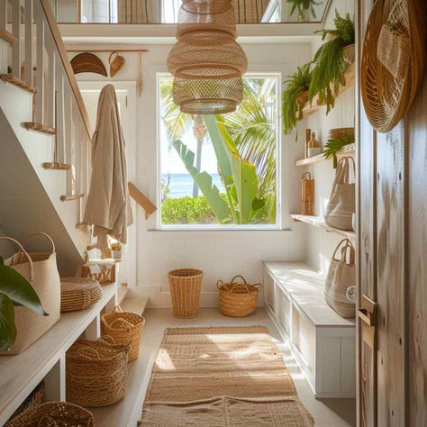 68 Beachy Boho Mudrooms: Where Sea Breezes Meet Free-Spirited Design Beach Vibe Home Decor, Boho Mud Room, Boho Mudroom, Beach House Mudroom, Mixing Woods, Boho Beach House, House Flippers, Dream Beach Houses, Hawaii Homes