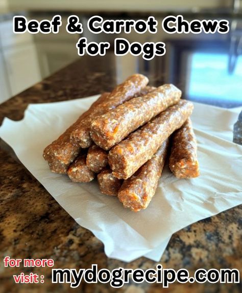 Homemade dog food recipes | Beef & Carrot Chews for Dogs 🥩🥕https://mydogrecipe.com/beef-carrot-chews-for-dogs/ | Facebook Dog Food Recipes Beef, Dog Chews Homemade, Food Recipes Beef, Pet Recipes, Pet Treats Recipes, Dog Treats Homemade Recipes, Recipes Beef, Homemade Dog Food, Pet Treats